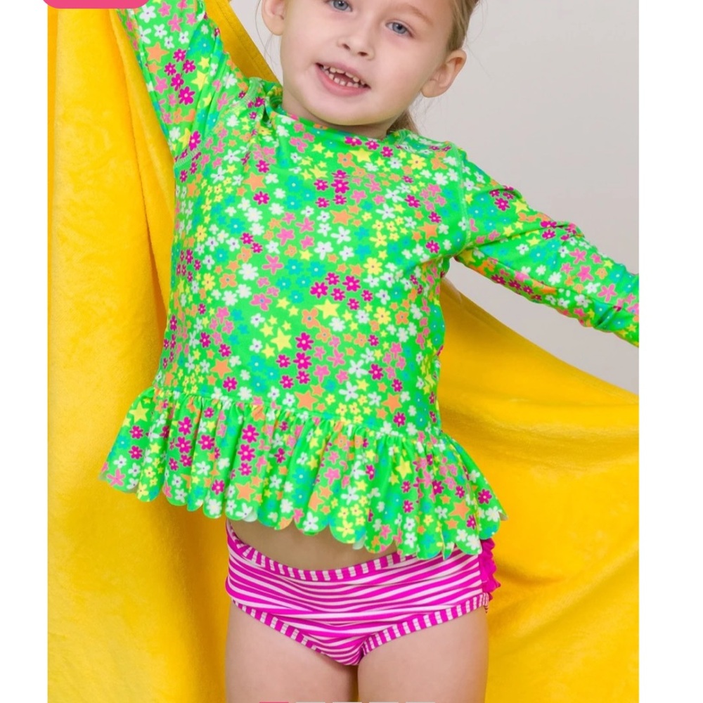 Ruffle Butts Green Pink Rashguard Swim Set